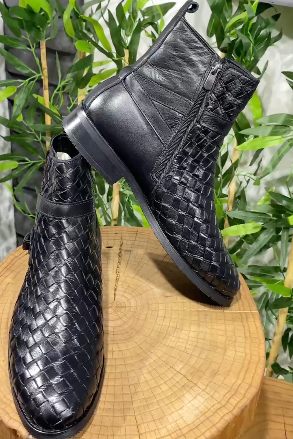 Mazonni premium black dress boots with artisanal leather weaving and zip-up side