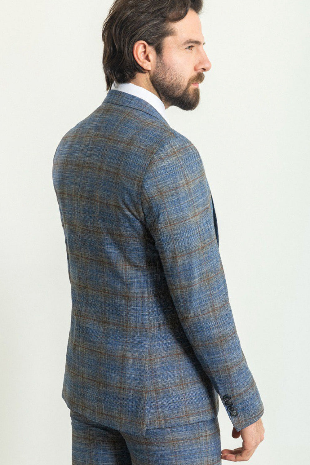 Rear view of Mazonni blue and brown check suit for men, tailored slim fit ideal for weddings and events