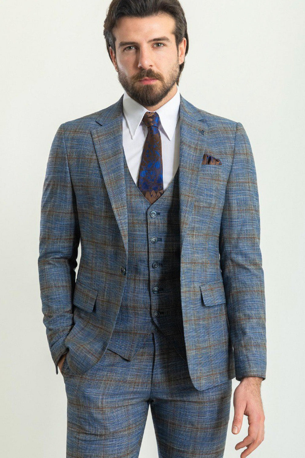 Full-length view of blue checkered Mazonni suit with vest and white shirt, perfect for modern formalwear