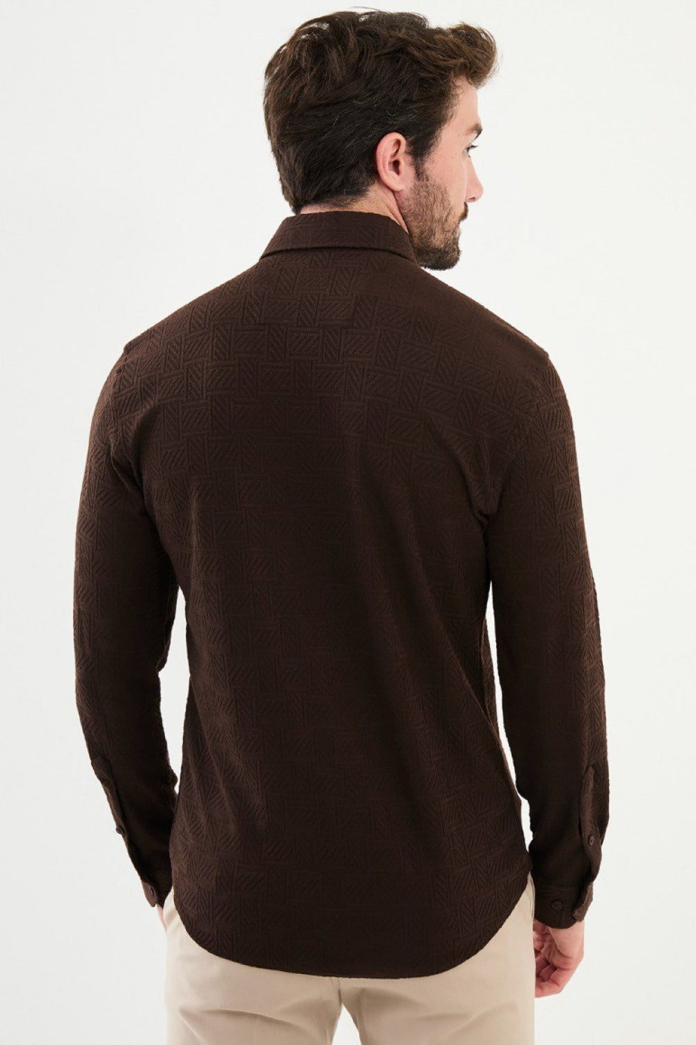 Mazonni casual brown shirt for men with structured texture and classic collar
