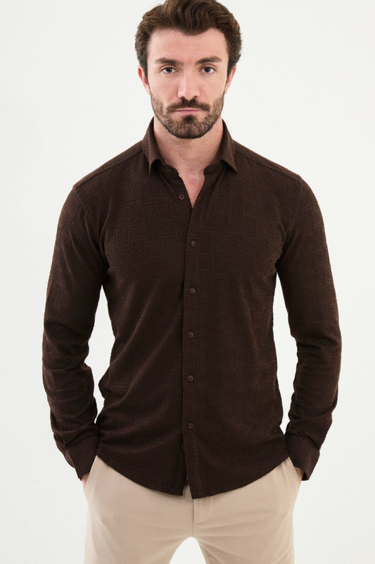 Mazonni brown textured long sleeve shirt for men with button-up design and slim fit