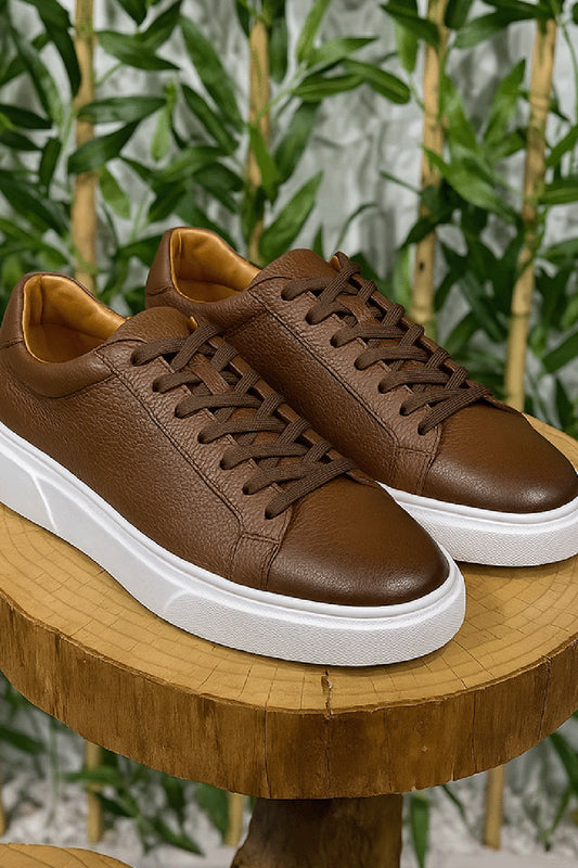 Brown leather sneakers for men by Mazonni with contrast white sole and sleek design
