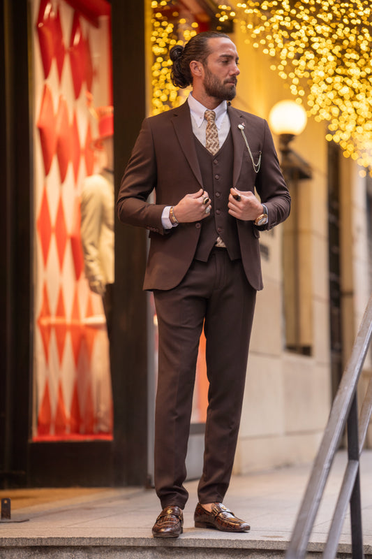 Mazonni three-piece brown suit for men with vest and white shirt, perfect for autumn weddings and formal evenings