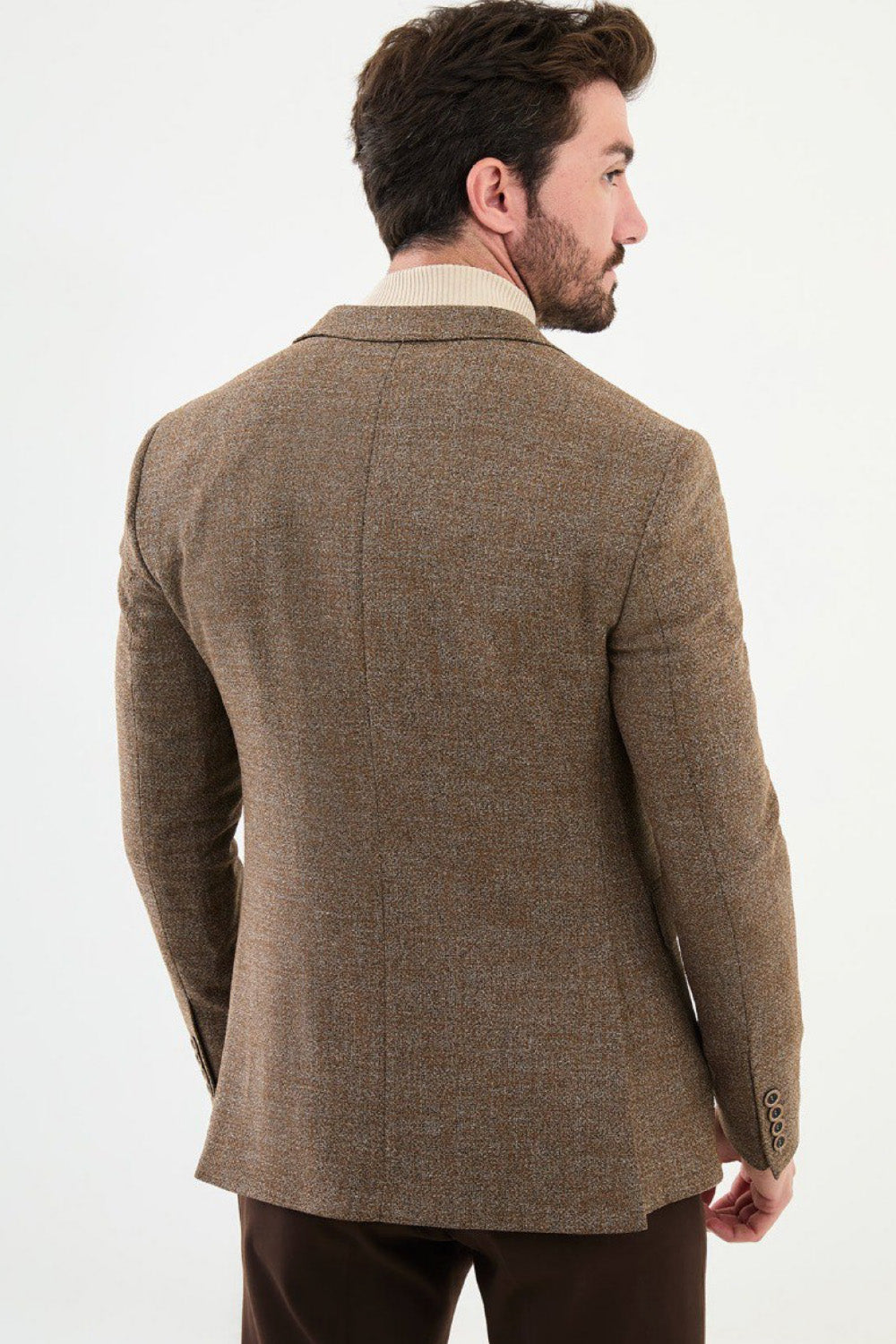 Rear view of brown tweed blazer by Mazonni highlighting clean silhouette and structured shoulders – elegant outerwear for men