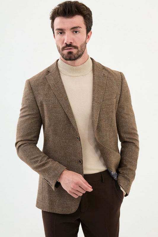 Mazonni brown tweed blazer for men with notch lapel and tailored fit – classic formal menswear piece