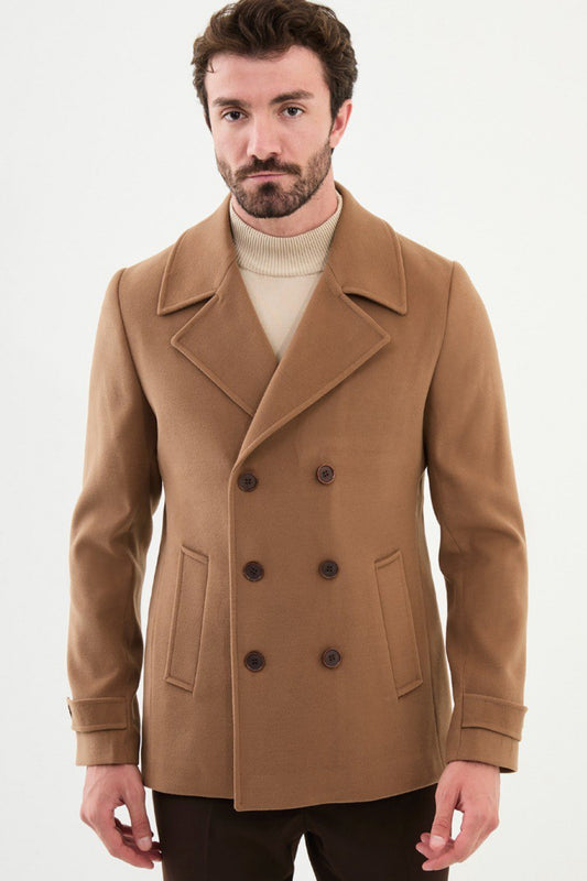 Camel double-breasted Mazonni men’s jacket styled with beige turtleneck for a refined look