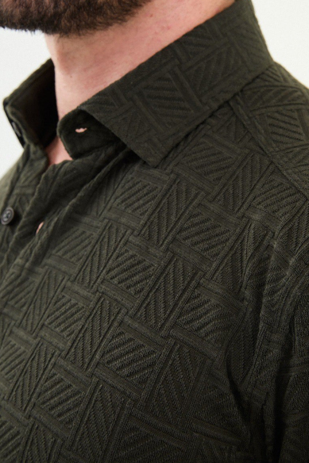 Olive green button-up shirt by Mazonni featuring a modern collar and stylish pattern