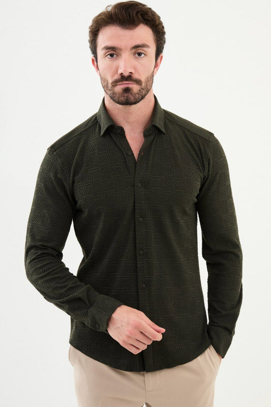 Mazonni dark green men's shirt with geometric texture and slim fit cut