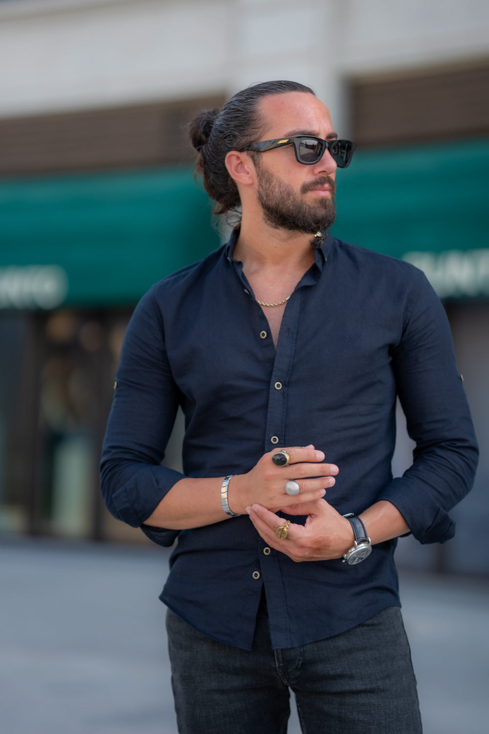 Mazonni navy blue fitted shirt for men with long sleeves and modern casual style