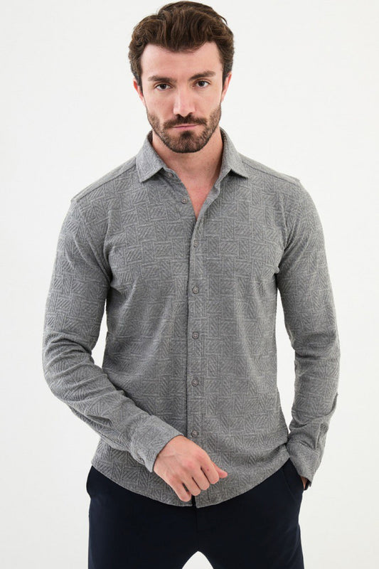 Mazonni grey textured shirt for men with button-up front and long sleeves