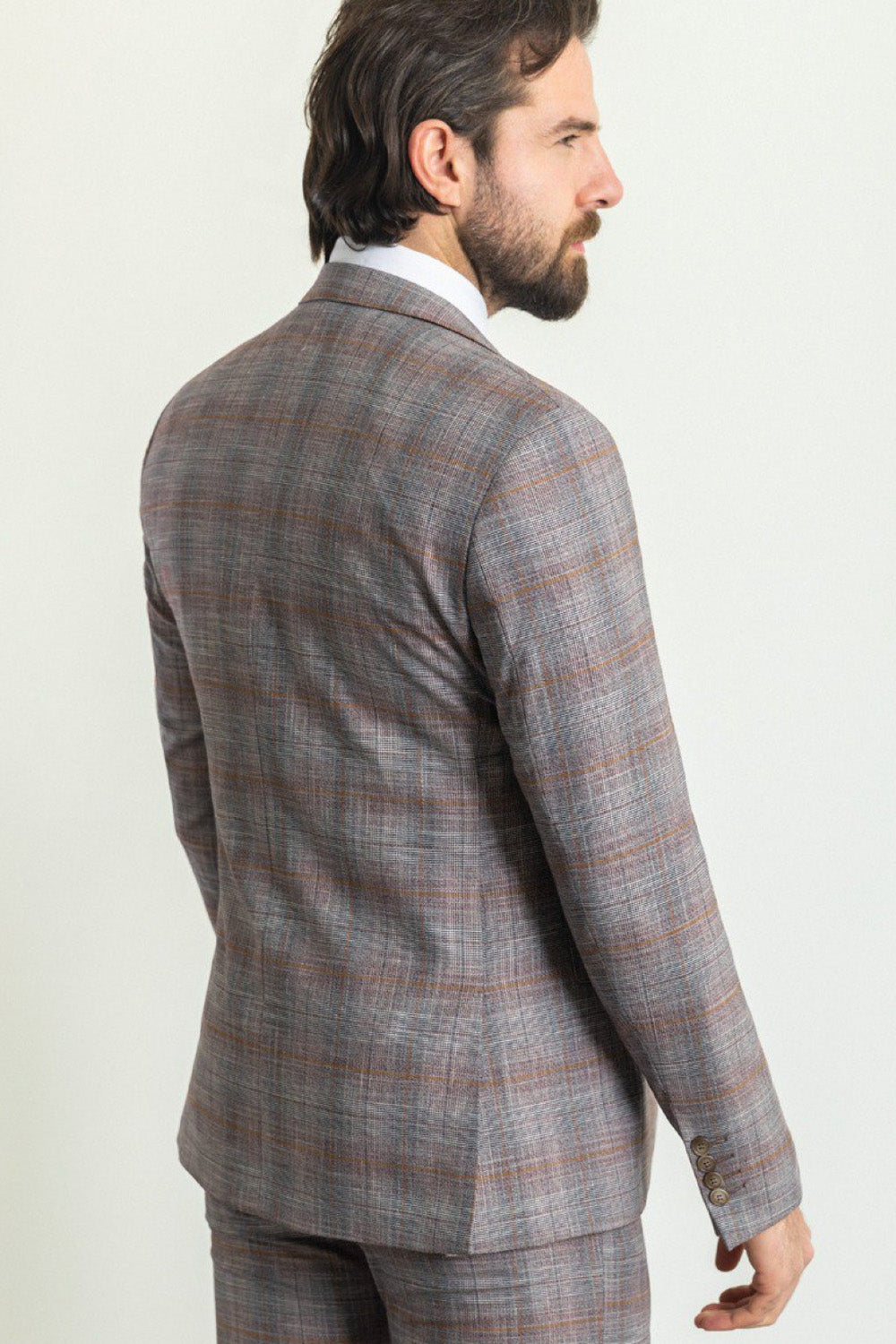 Back view of gray and brown check Mazonni suit for men, modern slim fit tailored design