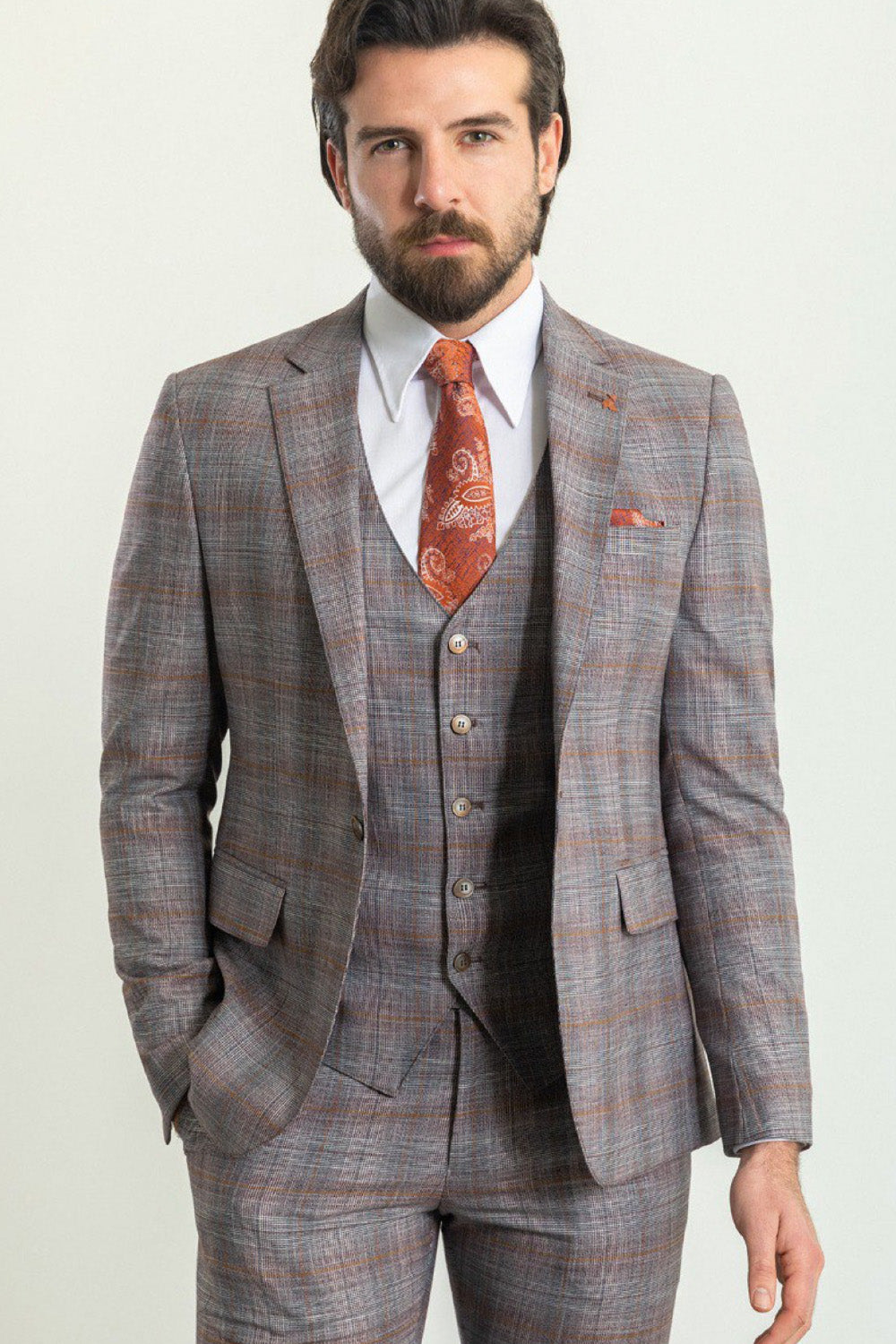 Full-length view of gray plaid Mazonni suit featuring waistcoat and dress shoes, ideal for stylish men