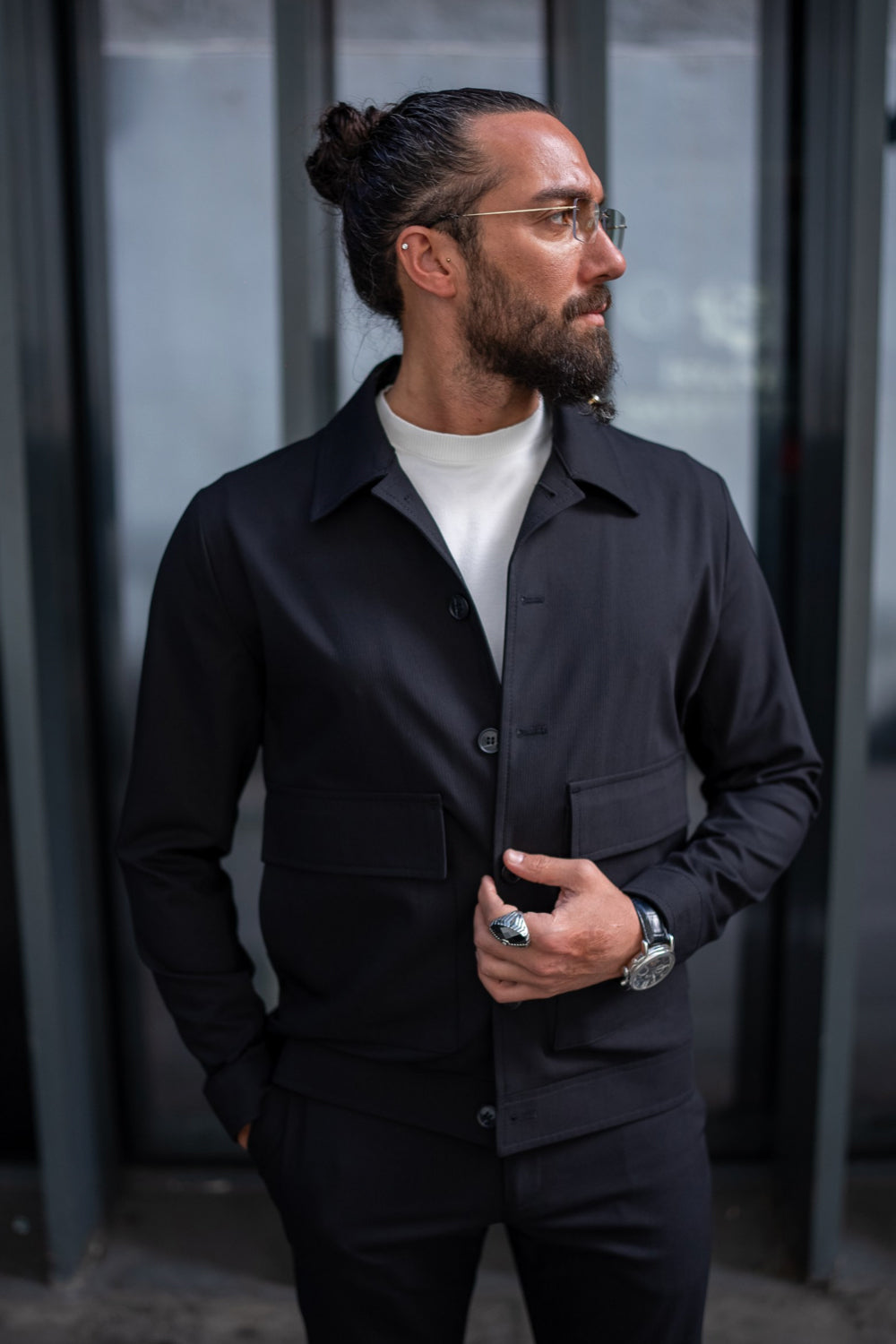 Black Mazonni men's jacket and pants set, perfect minimalist outfit for everyday business casual