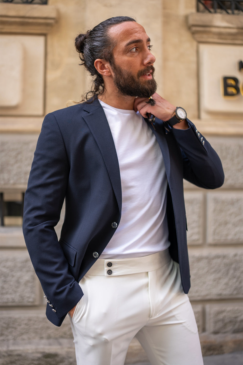 slim fit navy blazer by Mazonni with pocket square, elegant outfit for daytime events or city style