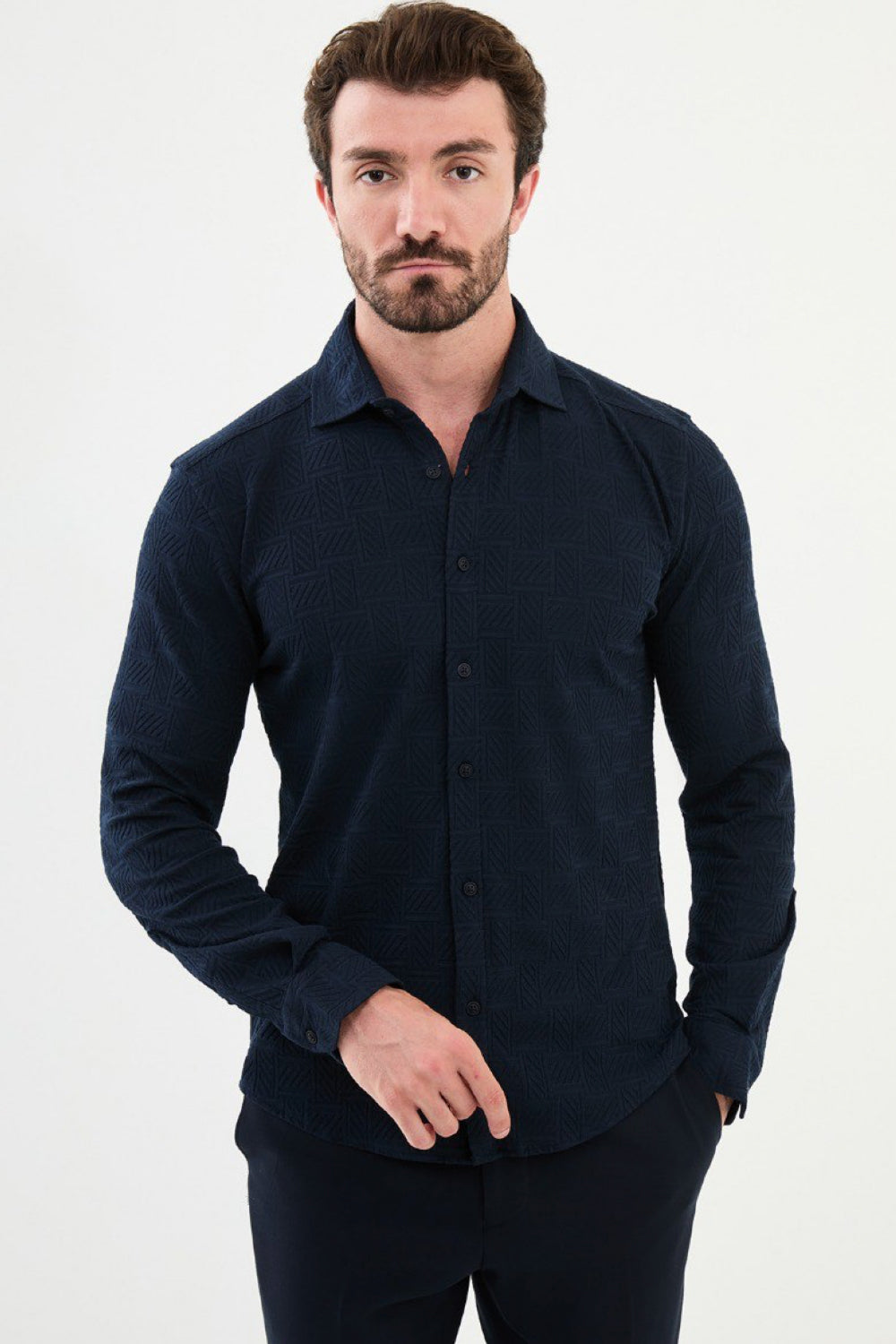 Mazonni navy blue men's shirt with subtle geometric pattern and modern slim fit