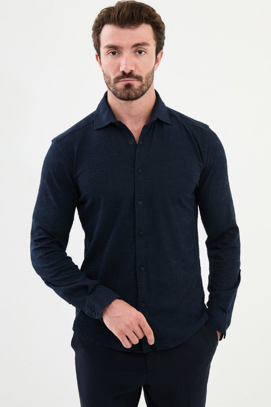 Mazonni navy blue men's shirt with subtle geometric pattern and modern slim fit