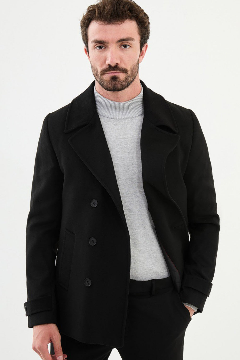 Mazonni classic black short coat for men ideal for fall and winter outerwear