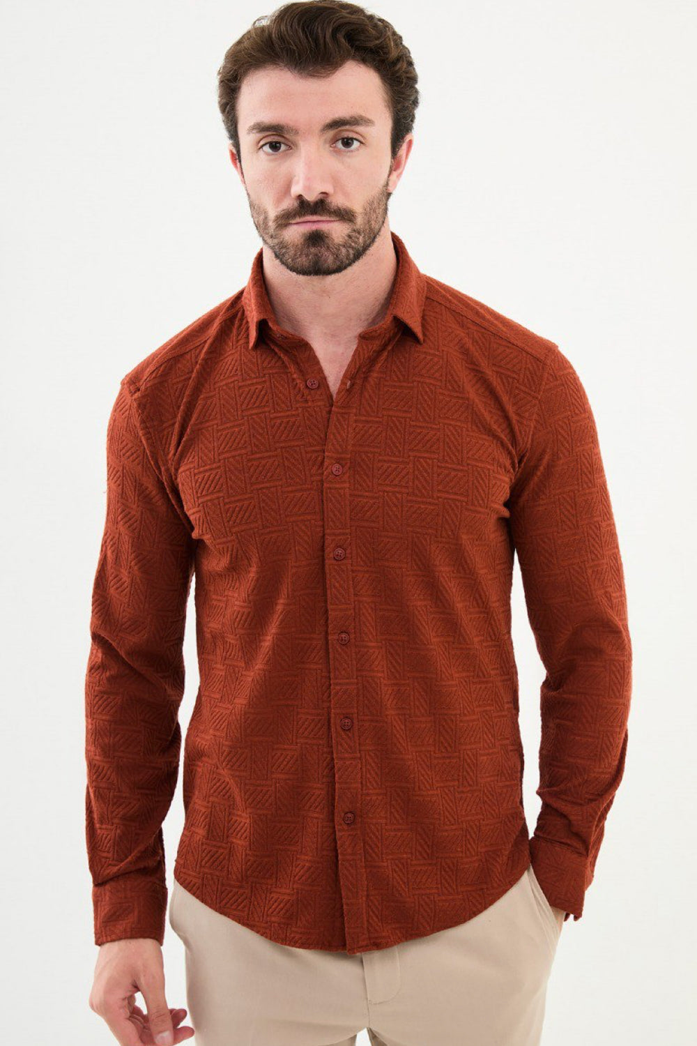 Mazonni burnt orange textured men's shirt with geometric pattern and slim fit