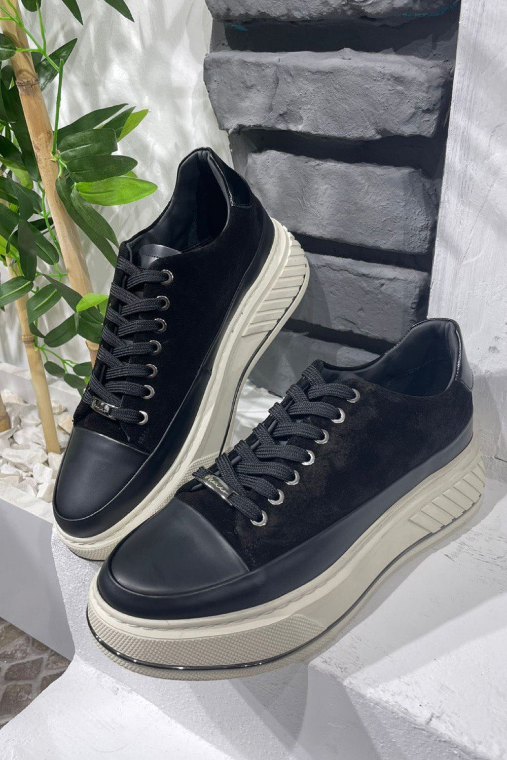 Mazonni men's black suede and leather sneakers with thick rubber sole and round toe