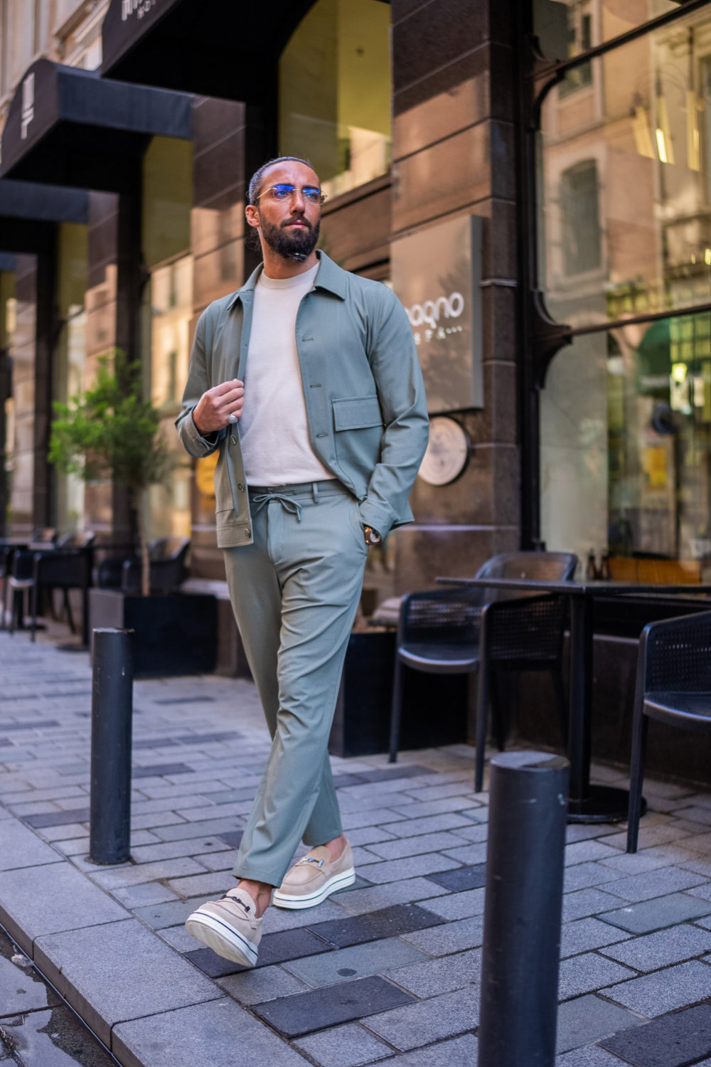 Mazonni men's light green suit with a soft beige top, urban outfit idea for spring and summer