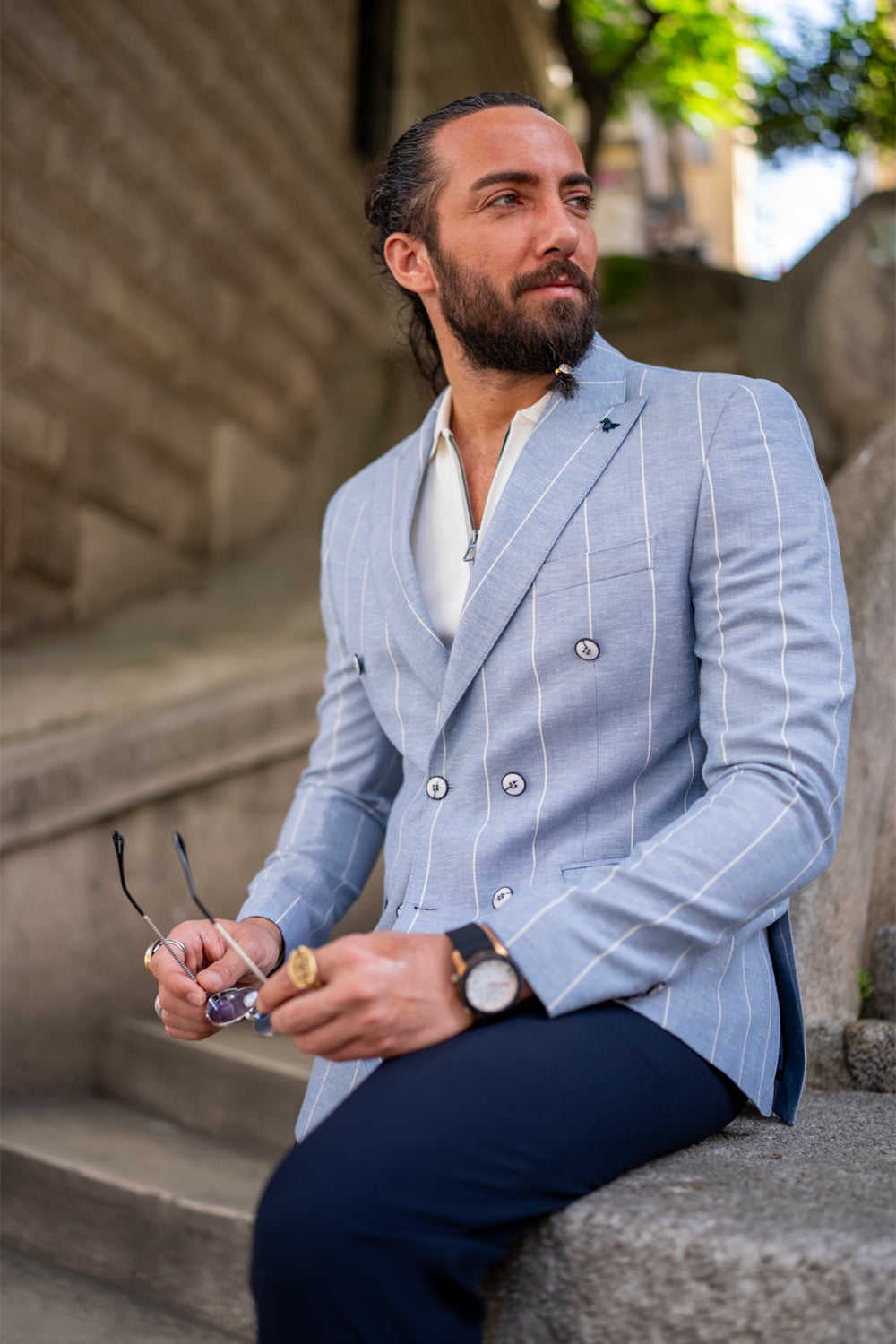 Mazonni men's light blue pinstripe blazer, perfect smart casual look for spring events or daytime outings