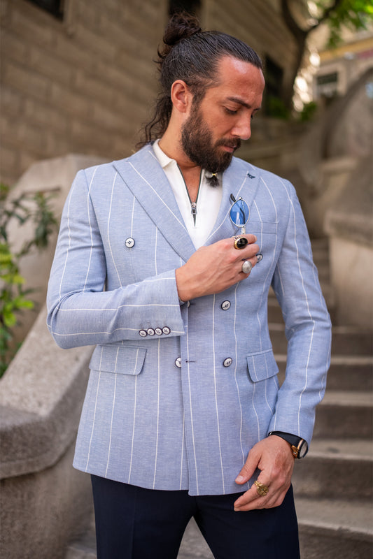 light blue striped double breasted blazer for men by Mazonni, elegant summer jacket with white shirt and navy pants