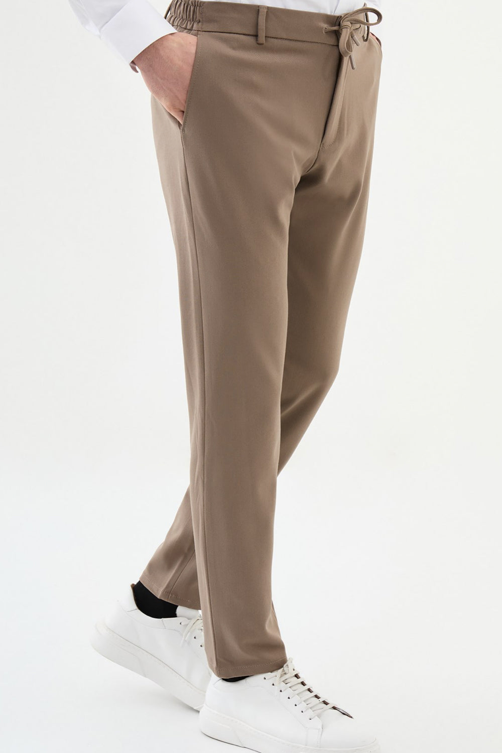 Mazonni beige casual trousers for men with elastic waistband and drawstring