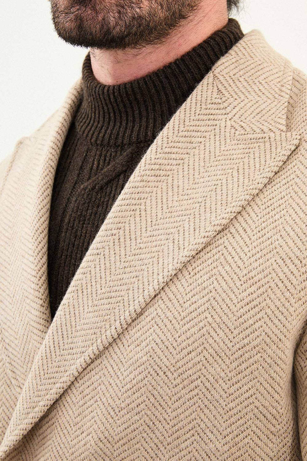 Mazonni Roma Men’s Beige Herringbone Coat Wool Double Breasted
