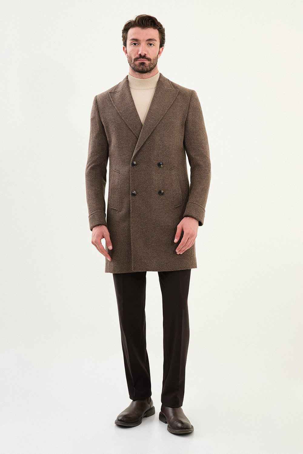 Mazonni Napoli Men’s Brown Double Breasted Coat Wool Long Jacket