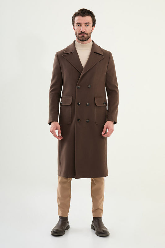 Mazonni Torino Men’s Brown Wool Double Breasted Overcoat Long Classic Jacket