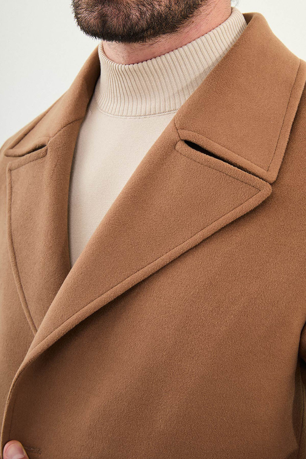 Mazonni Milano Men’s Camel Brown Wool Double Breasted Overcoat Long Jacket