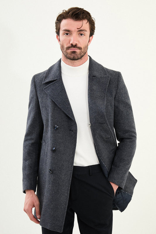 Mazonni Milano Men’s Dark Grey Wool Short Coat Double Breasted Overcoat