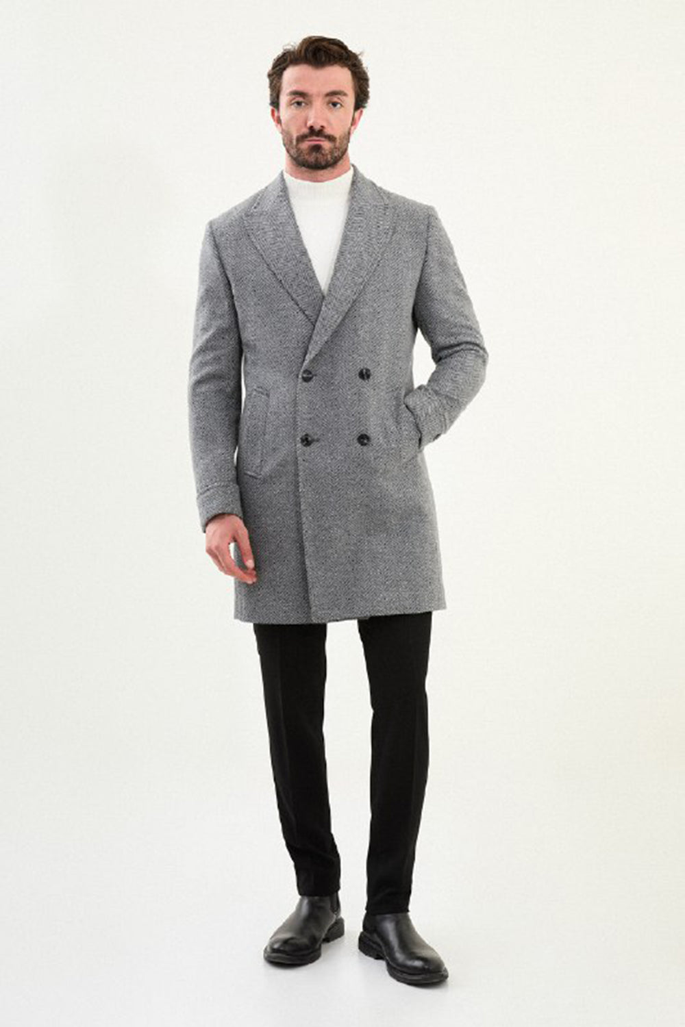 Mazonni Milano Men’s Grey Herringbone Coat Wool Double Breasted