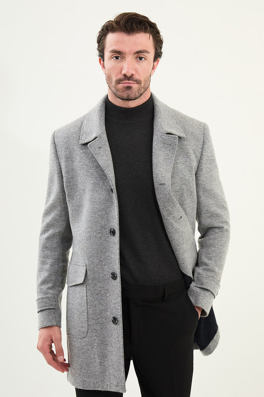 Mazonni Roma Men’s Grey Wool Short Coat Classic Elegant Winter Overcoat