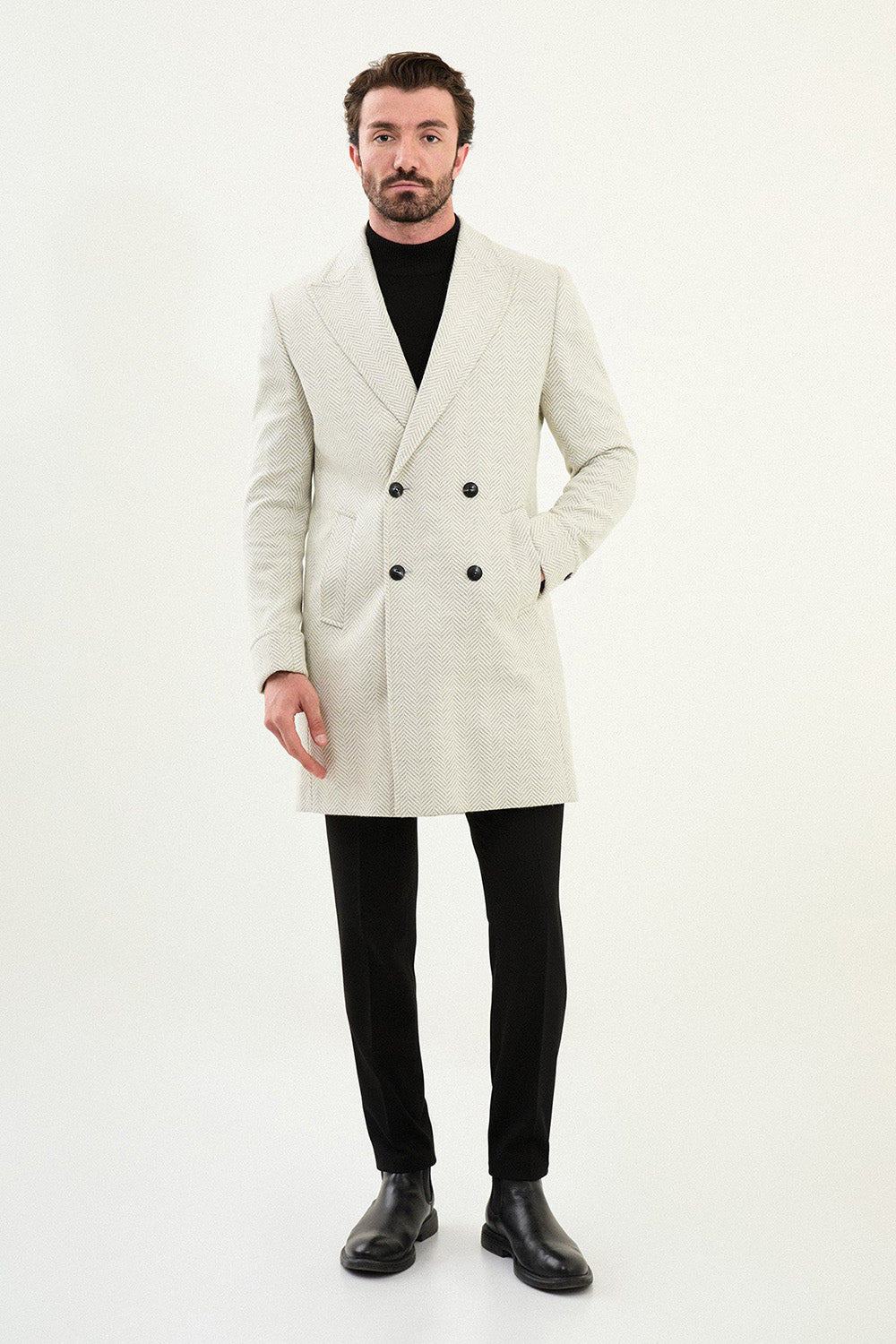 Mazonni Firenze Men’s Light Grey Herringbone Wool Double Breasted Overcoat