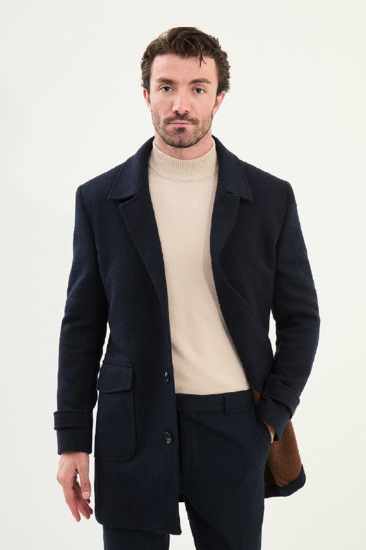 Mazonni Milano Men’s Navy Wool Short Coat Modern Classic Winter Overcoat