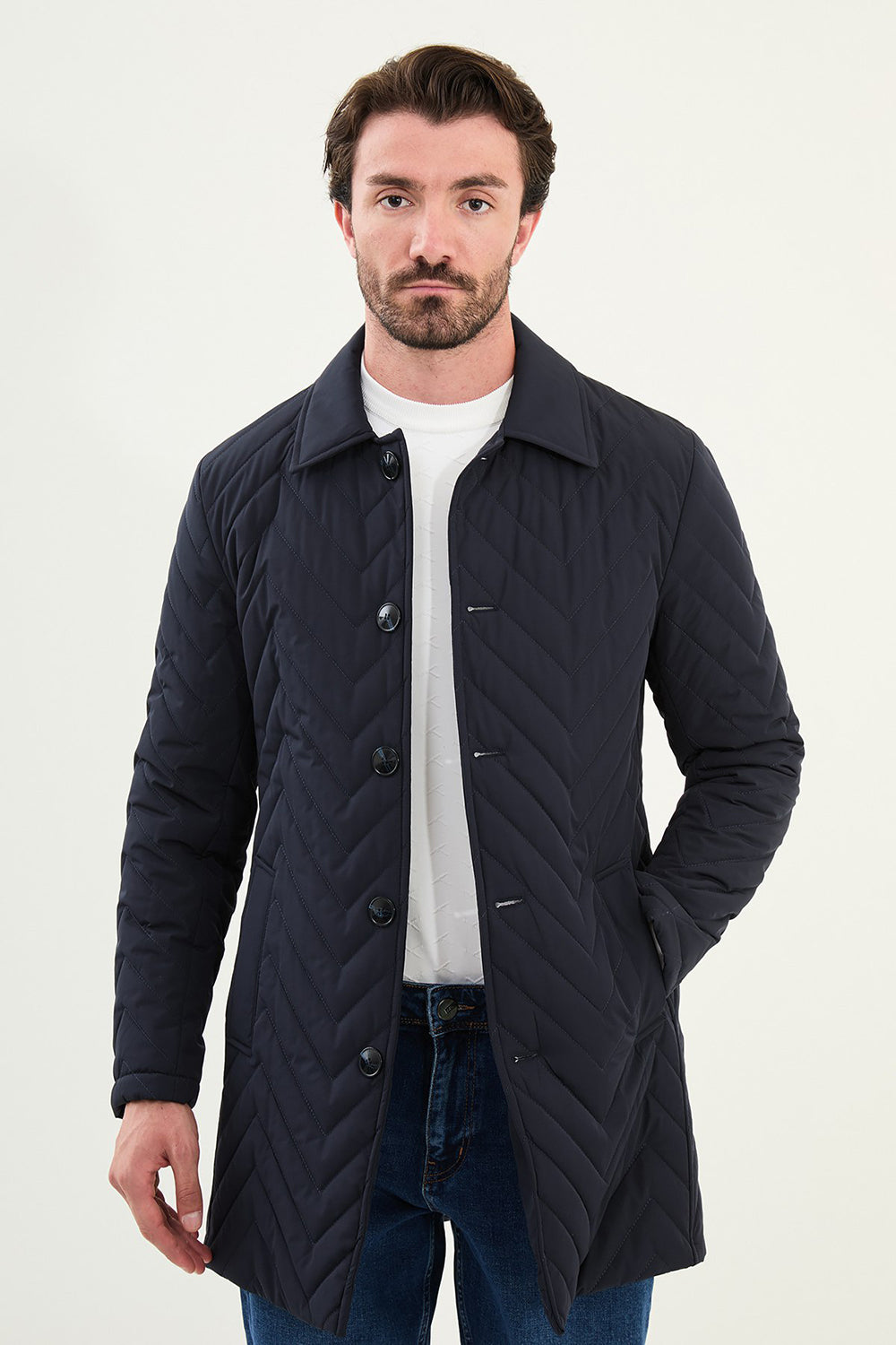 Mazonni Torino Men’s Navy Quilted Coat Long Sleeve Button Jacket