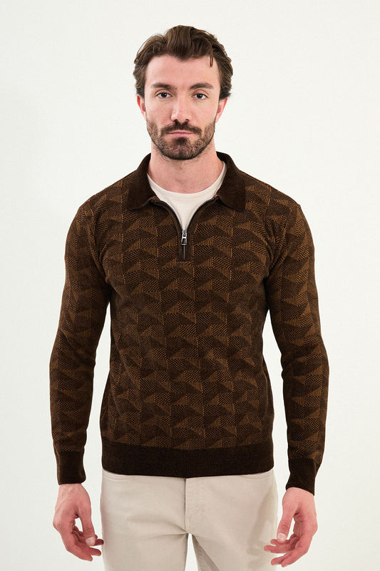 Mazonni Torino Men’s Brown Cardigan Knit Zip Neck Long Sleeve Sweater