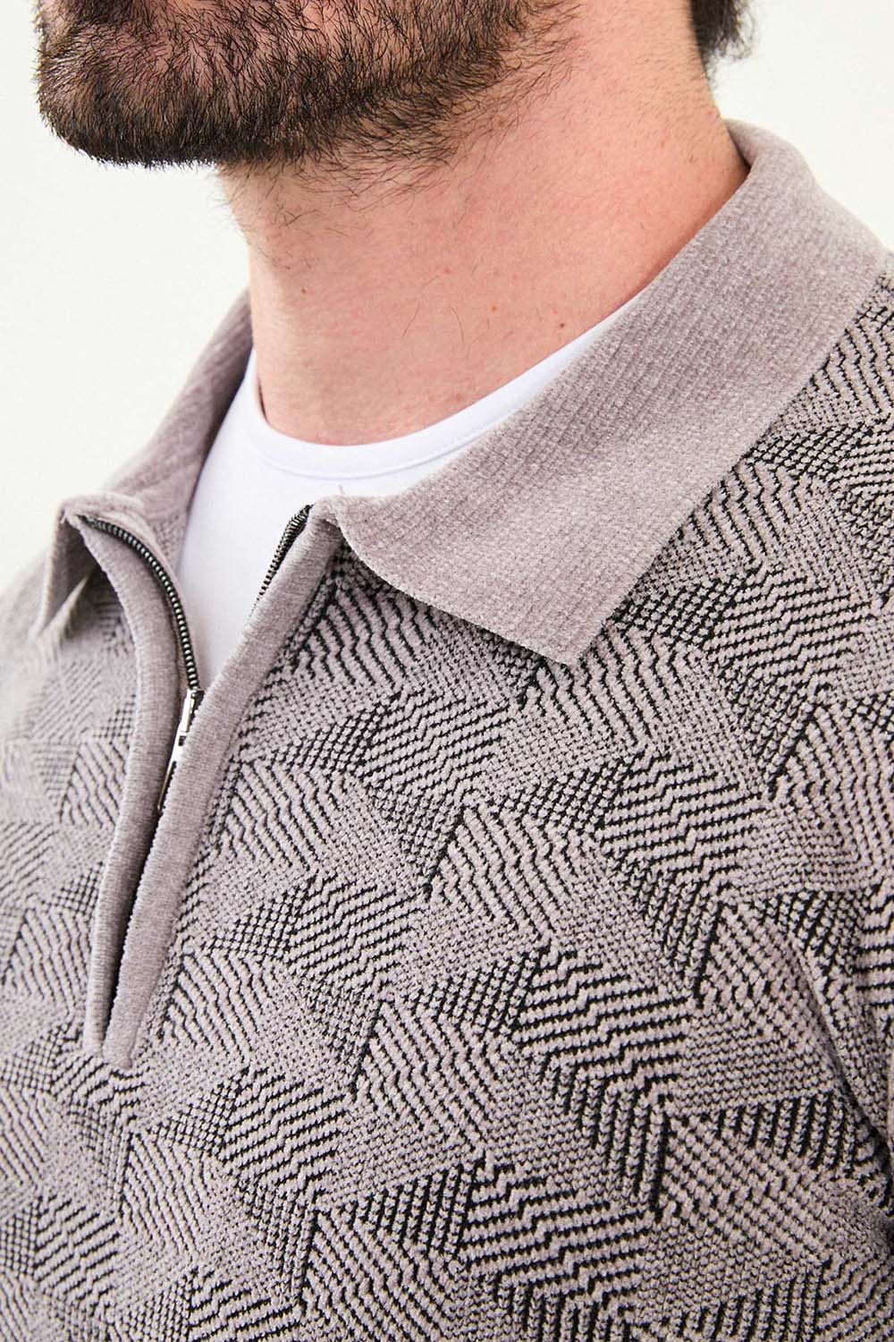 Mazonni Milano Men’s Grey Cardigan Knit Zip Neck Long Sleeve Sweater