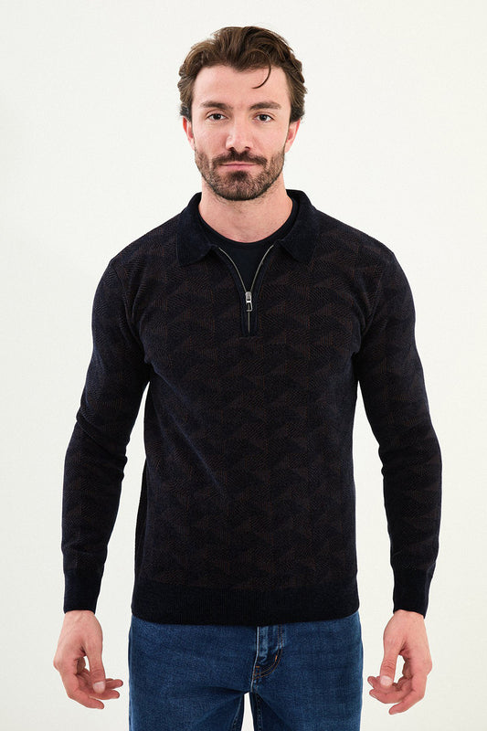 Mazonni Firenze Men’s Navy Cardigan Knit Zip Neck Long Sleeve Sweater