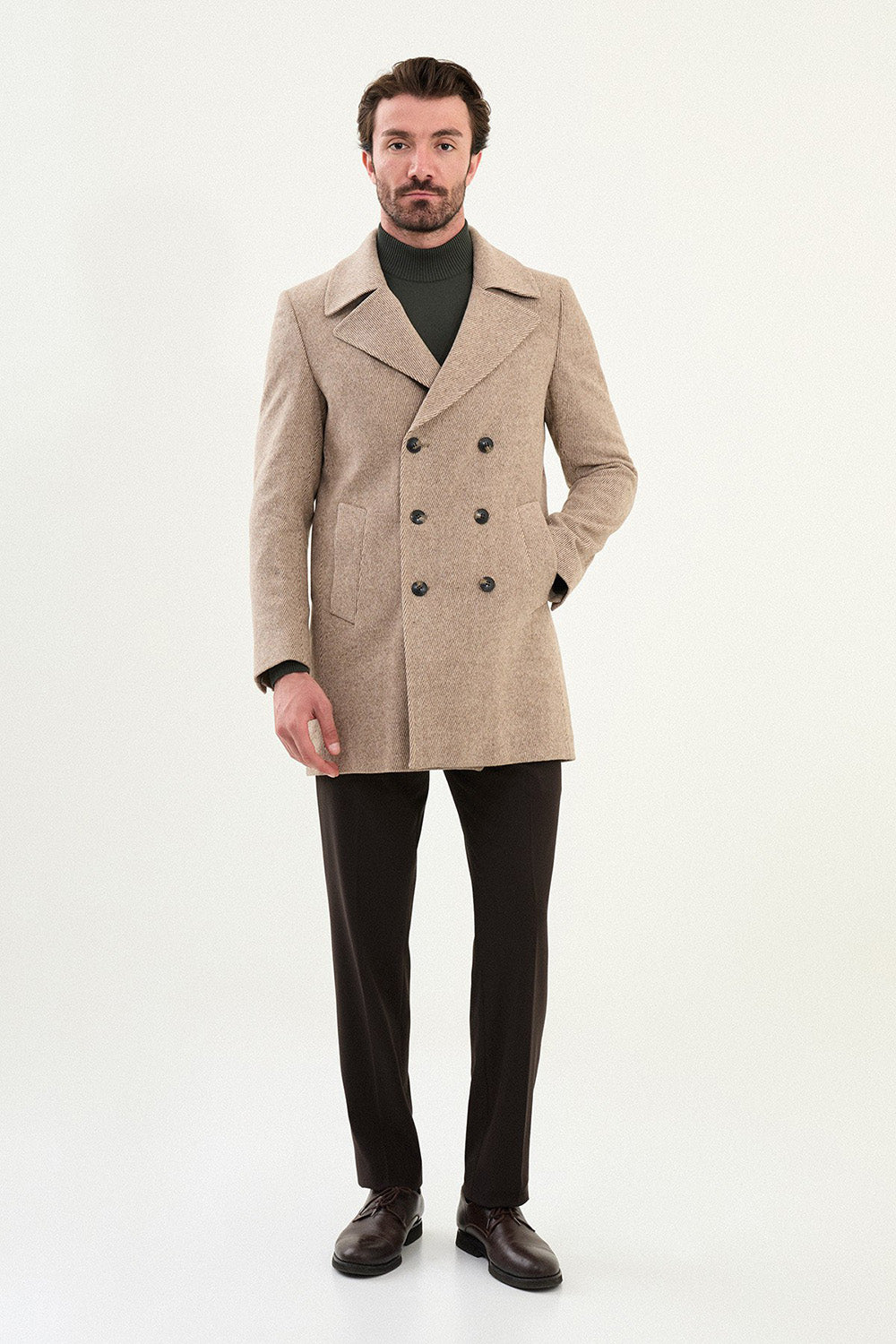 Mazonni Verona Men’s Beige Wool Short Coat Double Breasted Classic Overcoat