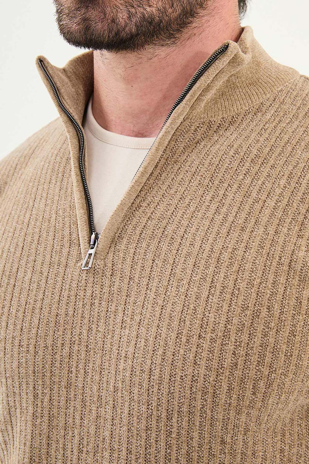 Mazonni Beige Zip Cardigan – Men’s Ribbed Knit Slim Fit Pullover Sweater
