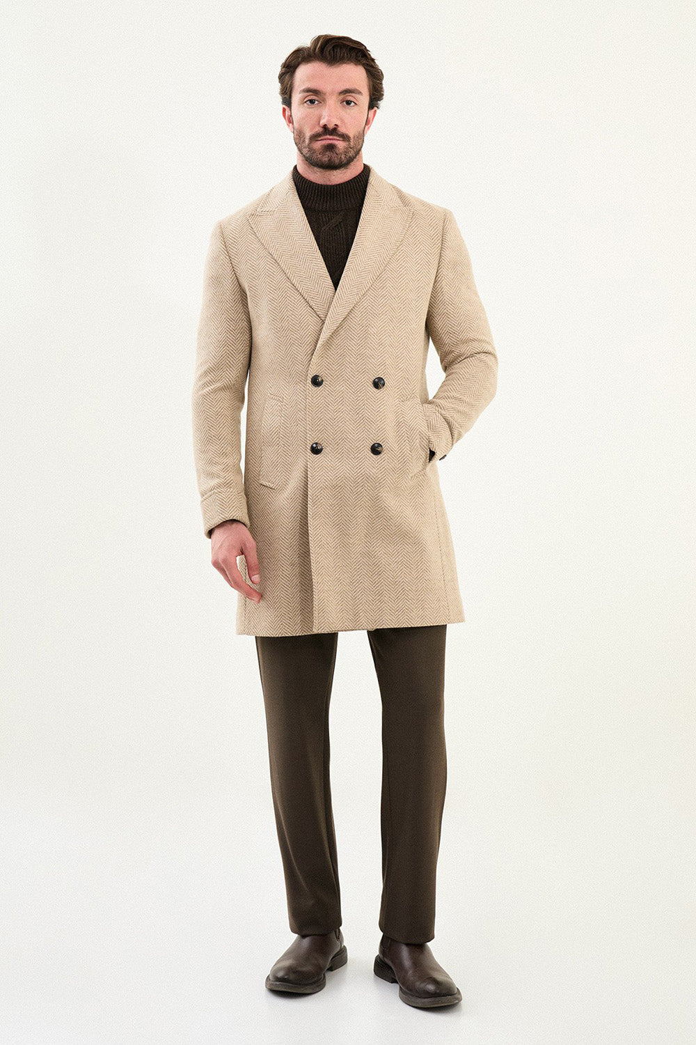 Mazonni Roma Men’s Beige Herringbone Coat Wool Double Breasted