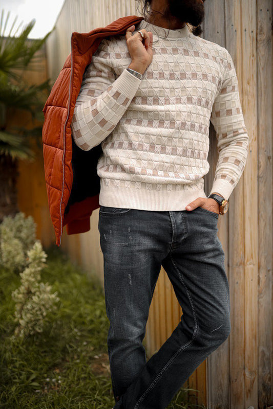 Mazonni Milano Beige Men’s Knit Sweater with Geometric Pattern Pullover