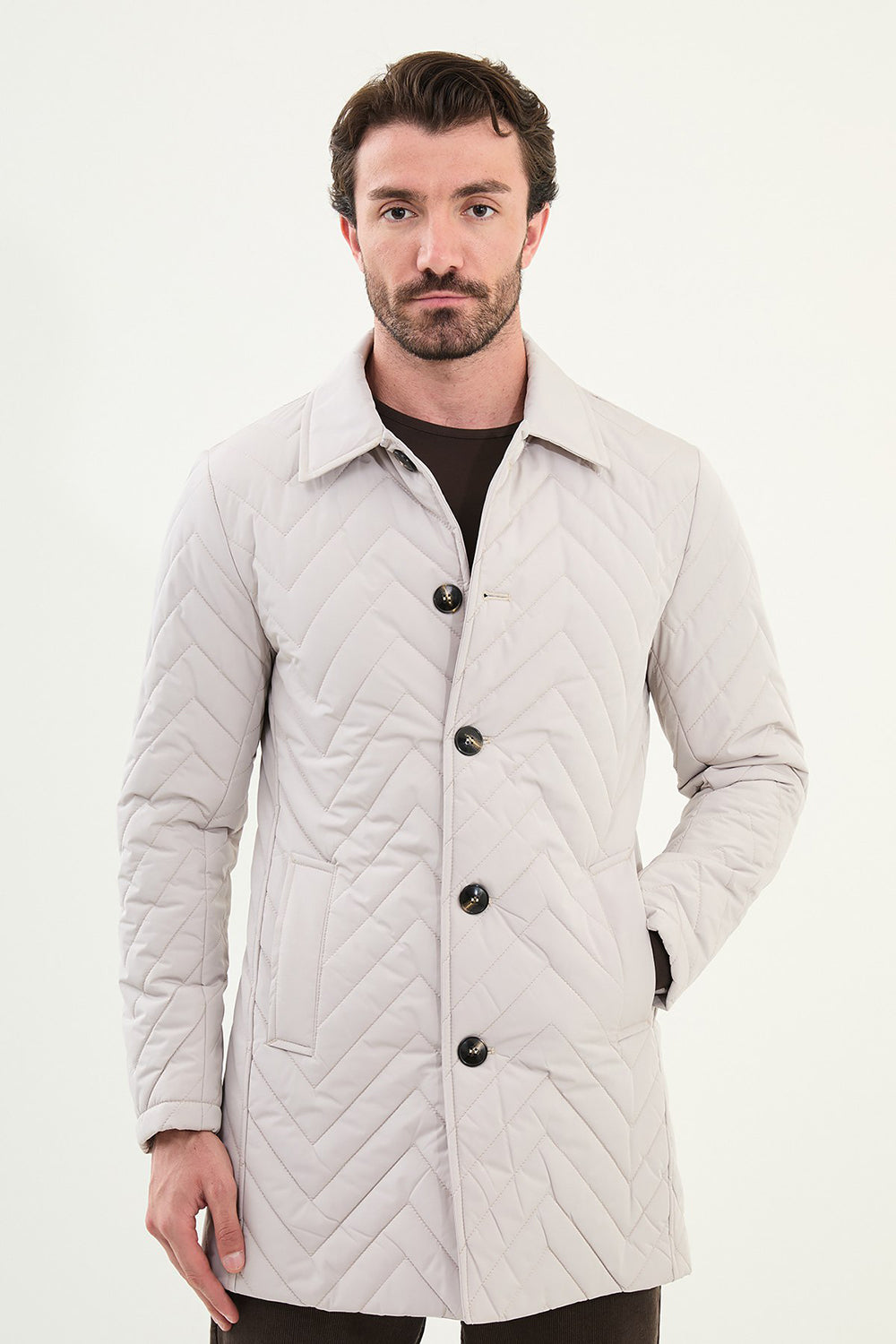 Mazonni Siena Men’s Beige Quilted Coat Long Sleeve Button Jacket