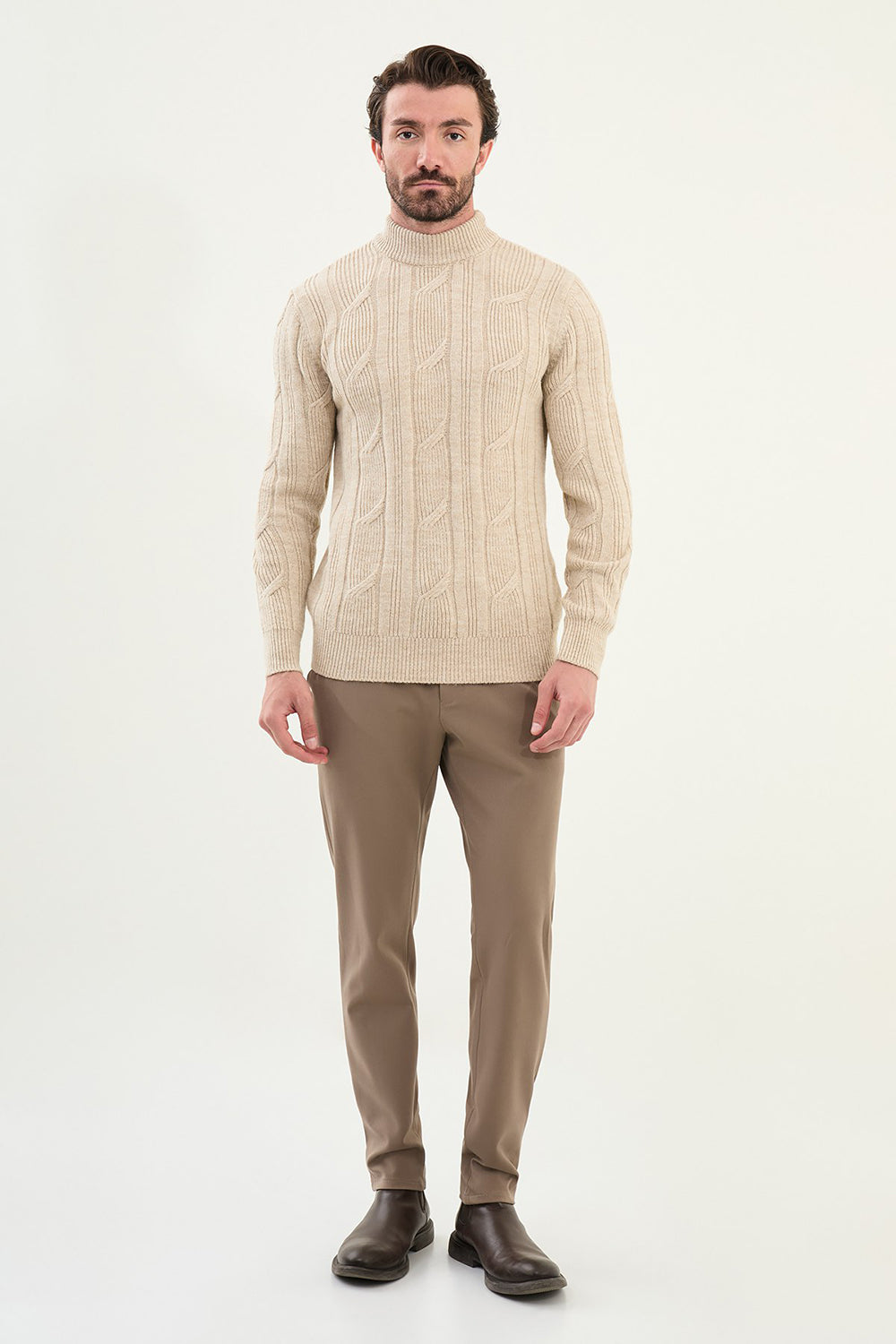 Mazonni Beige Turtleneck Cardigan – Men’s Cable Knit High Neck Slim Fit Sweater