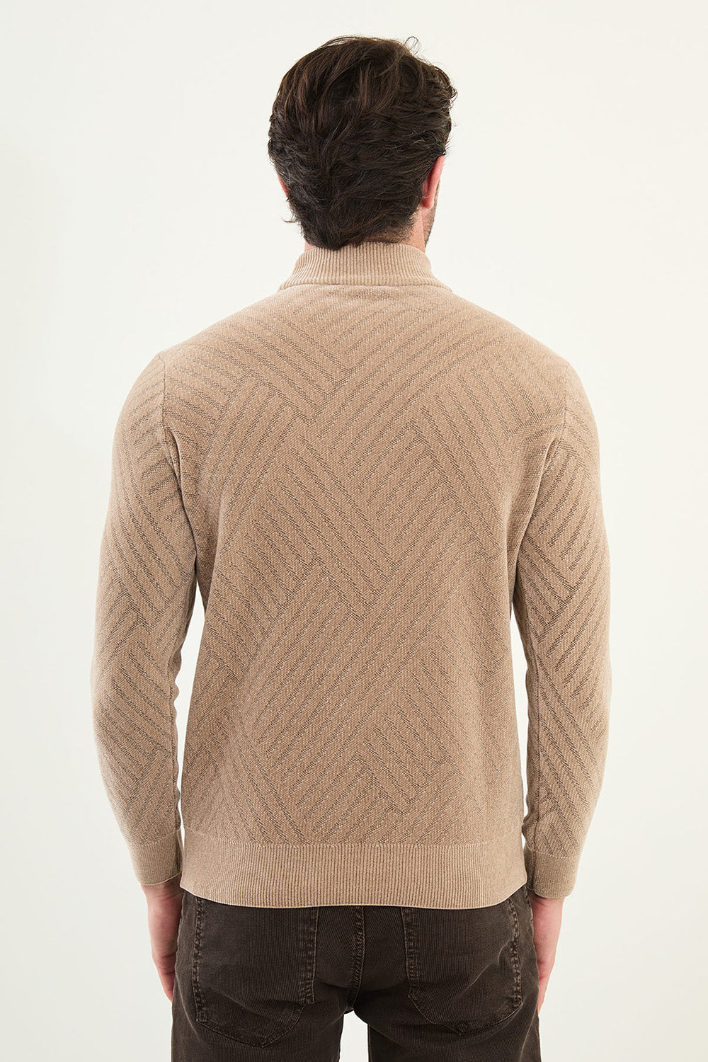 Mazonni Sandstone Cardigan – Men’s Light Brown High Neck Textured Knit Sweater