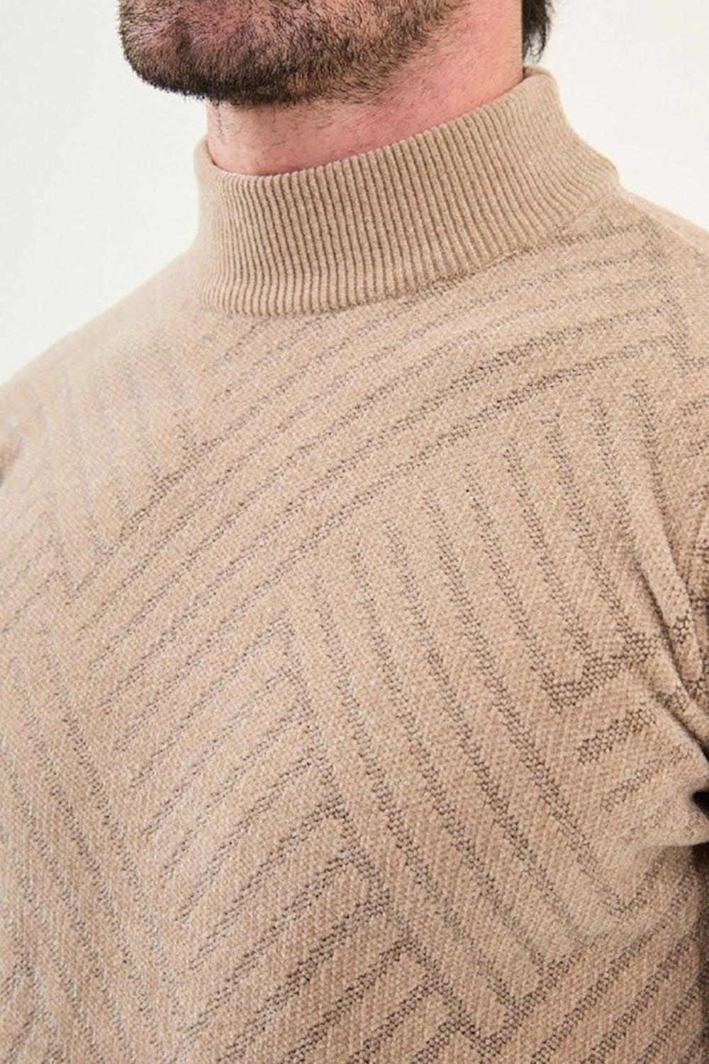 Mazonni Sandstone Cardigan – Men’s Light Brown High Neck Textured Knit Sweater