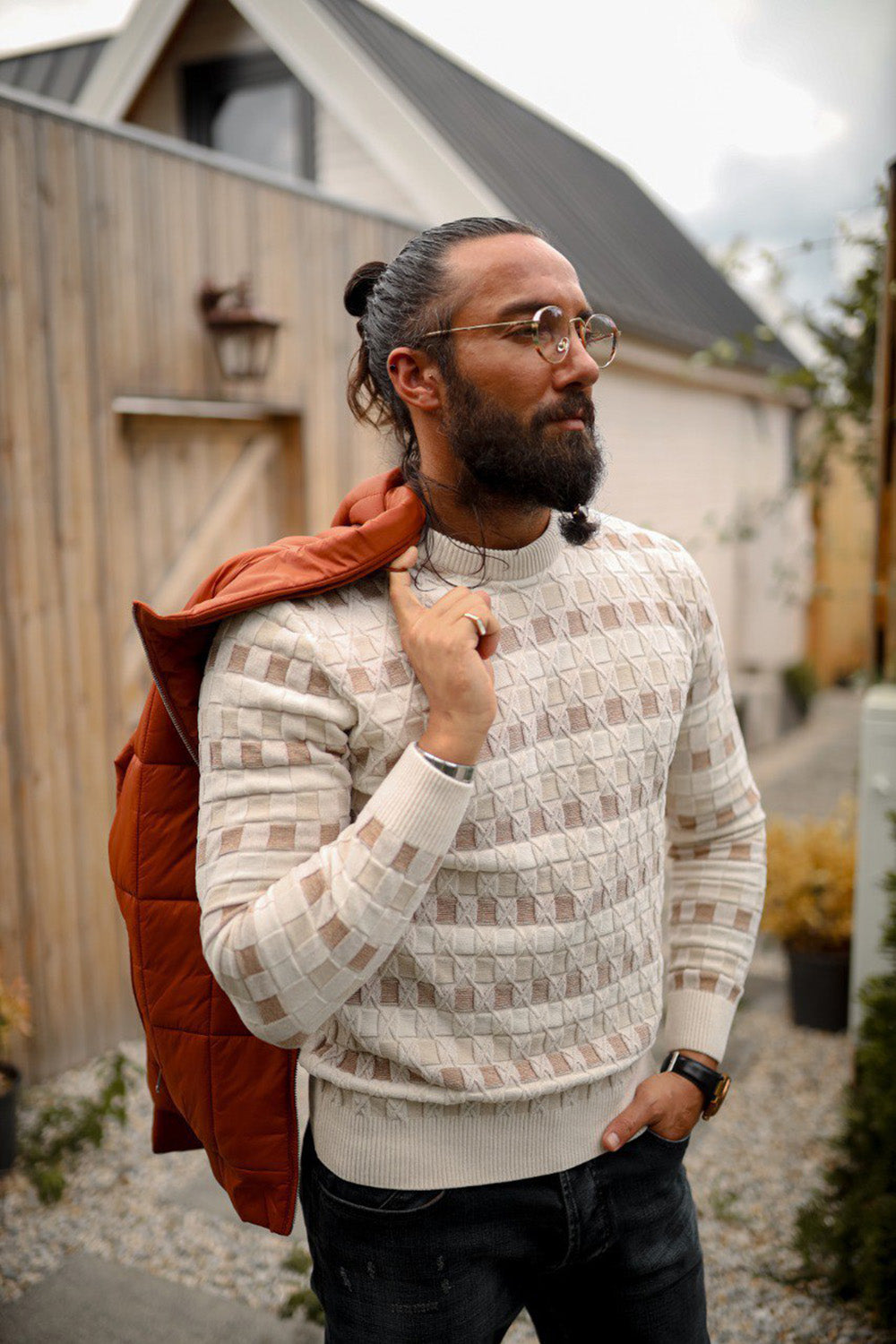 Mazonni Milano Beige Men’s Knit Sweater with Geometric Pattern Pullover