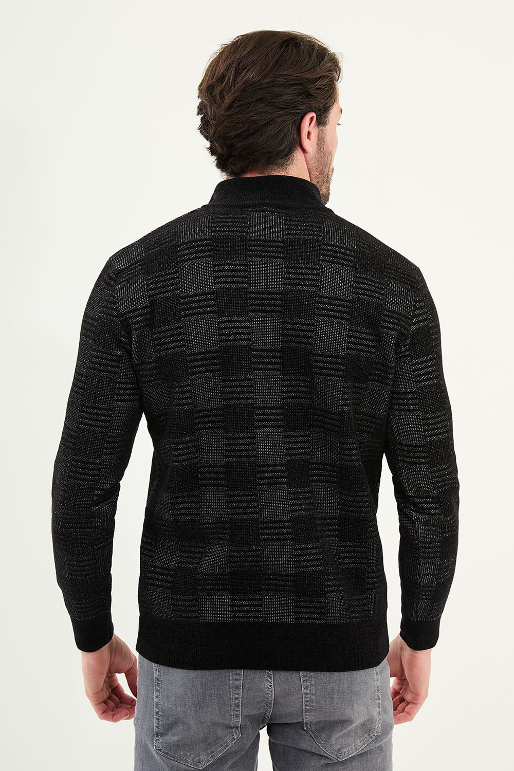 Mazonni Onyx Black Cardigan – Men’s Checkered Knit Quarter Zip Slim Fit Sweater